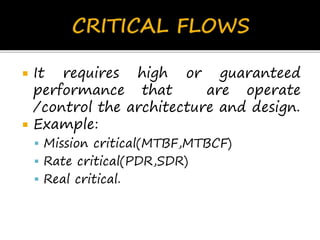  It requires high or guaranteed
performance that are operate
/control the architecture and design.
 Example:
 Mission critical(MTBF,MTBCF)
 Rate critical(PDR,SDR)
 Real critical.
 
