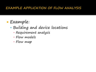  Example:
 Building and device locations
▪ Requirement analysis
▪ Flow models
▪ Flow map
 