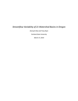 Streamflow Variability of 21 Watershed Basins in Oregon<br />Donnych Diaz and Tracy Ryan<br />Portland State University<br />March 17, 2010<br />Abstract<br />Streamflow runoff was studied within twenty-one Oregon watersheds.  The streamflow runoff data used in this study consists of monthly mean runoff values for each watershed ranging back as far as 1958.  Slope, aspect, elevation, and land cover data were analyzed to determine which physical aspects of these watersheds affected streamflow runoff.  Regression models were run using SPSS software and analyzed to determine both if the model meets the assumptions of ordinary least squares regression (OLS) as well as if the model was statistically significant.  As part of the regression, the data was grouped into summer and winter month data, and then transformed by square root to meet the assumptions of OLS.  The resulting analysis indicates that the model is more effective during the winter months when precipitation is higher.  As compared to a summer R-squared value of .015 and an F-test with a significance value of .4, the winter R-squared value is more significant at .673, and the F-test is highly significant at .000.  For the regression on the winter data, all independent variables other than slope are significant.  Although it is suggested by the winter regression that elevation, land cover and aspect do have a correlation to streamflow runoff, more analysis is necessary to determine if this is an accurate assessment.  The low statistical significance of the summer regression in particular indicate that other variables, such as soil cover and precipitation, affect streamflow runoff and should be considered in a predictive model.<br />INTRODUCTION<br />Of the many effects of global warming that have been analyzed by scientists, change in streamflow runoff within watersheds is one that is not currently well understood.  Most current scientific thinking suggests that as the climate warms, decreased amount of snowpack lowers the runoff rate of streams and rivers (Luce and Holden, 2009).  As river systems can be particularly complicated, this leaves questions as to what other variables have an effect on runoff.  This study aims to explore those questions, and looks specifically at the physical traits of the studied watersheds and how they relate to streamflow runoff.<br />Twenty-one Oregon watersheds were chosen and analyzed for this project.  The goal was to take land attribute variables such as elevation, slope, aspect and land cover and create a model using multiple regression where these factors could be used to predict resulting streamflow runoff within these watersheds.  Variables such as snowpack and precipitation were left out to focus the model on physical, more slowly changing factors only.  For this study, the null hypothesis is that the physical attributes do not have an effect on streamflow runoff, while the alternate hypothesis is that that the physical attributes do have an effect on streamflow runoff.<br />The first step in this project was to collect data.  A significant portion of the data used was compiled from the United States Geologic Survey (USGS) as a digital elevation model (USGS, 2009).  From this data, information about slope, elevation and aspect was calculated using GIS.  Streamflow runoff data and land cover data were also obtained from the USGS.  The streamflow runoff data was aggregated as monthly means for each area, and go back to either 1958 or 1975 depending on the watershed.  Land cover data was converted into a Land Cover Roughness Factor (LCRF) using Manning’s Roughness Coefficients to assess how different types of groundcover allow water to flow more or less efficiently within these watersheds.  Once these data were analyzed and aggregated, they were compiled into a database and shapefile and SPSS software was used to create a multiple regression model.<br />STUDY AREA<br />Map 1:  The 21 Oregon watersheds studied.  The Year column below the map indicates the year to which data was obtained (USGS, 2009).<br />The study area encompasses the 21 watersheds shown in Map 1.  They are located primarily along the North-South Willamette Valley corridor in Oregon and 3 are in the Eastern part of the state.  Selection of these watersheds was based on available streamflow data from USGS National Water Information System that consisted of 52 years of mean runoff measurements for more than half of the watersheds and 35 years for the remaining.  The majority 18 of the 21 watersheds are located on the windward side of the Cascade mountain range.  Precipitation levels west of the Cascades are between 1 to 5m annually, whereas east of the Cascades, levels only reach between .250 to .500m annually (Broad and Collins 1996). The precipitation level therefore is greater in significance in the majority of the watersheds than in the 3 outliers.   <br />The physical characteristics varied with a minimum to maximum elevation range between 15m to 3,395m and a mean elevation range of 541m to 3,171.5m. There is a predominately south to southwest aspect and slope range from 103% to 442% in percent (rise over run) (Map 2)(USGS, 2009); mean slope ranged from approximately 13% to 184% (Map 3)(USGS, 2009).  The topography encompasses the following land cover types: barren land, cultivated crops, deciduous forest, opens space developed, low to high intensity developed, emergent herbaceous wetlands, evergreen forest, hay/pasture, herbaceous, mixed forest, open water, perennial snow/ice, shrub/scrub and woody wetlands (Map 4) (USGS, 2009). <br />Map 2:  Example of mapped aspect data, grouped watersheds 6 through 10.  Of note is the prevalence of the red and brown colors indicating the prevalence within the watersheds is south by southwest (USGS, 2009).<br />Map 3:  Example of mapped slope data, image is grouped watersheds 6 through 10.  The slope data presented here is in degrees for easier visualization.  Calculations were done with slope in percent form (USGS, 2009).<br />Map 4:  Example of mapped land cover data.  Image shown is the cluster of watersheds 6 through 10 (USGS, 2009).<br />DATA AND METHODS<br />The streamflow runoff data from the USGS National Water Information system was the base dataset to which physical attribute data was added as the independent factors to be analyzed against mean streamflow runoff.  The physical attributes consisted of land cover, elevation, slope and aspect.  The 2001 NLCD (national land cover dataset) shapefile was acquired from the Multi-Resolution Land Characteristics Consortium.  Using GIS, the elevation, slope and aspect were derived from DEMs from USGS Seamless Server, 1 arc second, 30m resolution.  Mean runoff data was collected for the periods of January through December from 1958 to 2008 for each watershed then averaged for the number of years.  The coefficient of variance, mean winter and summer flows as well as mean summer flow over annual flow were calculated.  In order to assess if there is a linear relationship between streamflow runoff and the independent physical variables a statistical multivariate regression analysis was completed using SPSS.  This allows for the testing of a model to determine if any correlation exists between the variables.<br />The multiple regression equation is shown in equation 1, where x is the independent, explanatory variable; p is the number observations of the independent variables, and y is the predicted value of the dependent variable.  <br /> y=a+b1x1+b2x2+…+bpxp      (1)<br />A good model predictor, therefore, minimizes the sum of the squared residuals.  <br />Using GIS, we derived zonal statistics for elevation, slope and aspect, which consists of a mean, standard deviation, minimum, maximum, range and a total area for each watershed. The land cover dataset was also derived using zonal statistics resulting in a total area per land cover type per watershed.  A Land Cover Roughness Factor (LCRF) was calculated in order to weigh the effects of varying land cover types. This LCRF was derived by using the roughness ratio portion of Manning’s Velocity formula to compute overland velocity shown in equation 2. (Asante et al., 2007)<br />Velocity = 1/ManningN * RH 2/3 *  √Hillslope (2)<br />(ManningN is the Manning Roughness coefficient for the land cover and 1/ManningN is the roughness ratio)<br />The roughness coefficients are those used in Geospatial Stream flow models (GeoSFM) (Asante and others, 2007) based on the land cover type as shown in table 1.<br />Table 1: Manning’s roughness values used for various land cover classes in GeoSFM<br />Anderson Code Description Manning Roughness 100 Urban and Built-Up Land 0.03 211 Dryland Cropland and Pasture 0.03 212 Irrigated Cropland and Pasture 0.035 213 Mixed Dryland/Irrigated Cropland and Pasture 0.033 280 Cropland/Grassland Mosaic 0.035 290 Cropland/Woodland Mosaic 0.04 311 Grassland 0.05 321 Shrubland 0.05 330 Mixed Shrubland/Grassland 0.05 332 Savanna 0.06 411 Deciduous Broadleaf Forest 0.1 412 Deciduous Needleleaf Forest 0.1 421 Evergreen Broadleaf Forest 0.12 422 Evergreen Needleleaf Forest 0.12 430 Mixed Forest 0.1 500 Water Bodies 0.035 620 Herbaceous Wetland 0.05 610 Wooded Wetland 0.05 770 Barren or Sparsely Vegetated 0.03 >800 Tundra, Snow or Ice 0.05 <br />The area per each land cover type for each watershed was then multiplied by the roughness ratio and summed to obtain the total LCRF; where the larger the 1/ManningN ratio, the greater the overland velocity and thus the greater the LCRF.  <br />Initially the mean data for the dependent and independent variables were used without transformation.  The first regression using the January mean streamflow data showed extreme non-linearity on the scatter plots between the variables suggesting the need for a transformation.  The variables were transformed using Log and Log10 with the same non-linear results.  The dependent and independent variables were then transformed by square root, resulting in the best linearity between the variables.  The regression model created uses the summer (Jun.-Sep.) and winter (Dec. -Feb.) mean streamflow data and was tested for the four assumptions of multivariate regression: linearity, constant variance, normality and multicollinearity.  <br />RESULTS<br />The resulting regression models had contrasting results for the summer and winter dependent variables.  Below in Tables 2 through 4 are the model summary statistics for both dependent variables.<br />Table 2:  Model Summary<br />Dependent VariableRR SquaredAdjusted R SquareStd. Error of the EstimateDurbin-WatsonSummer.461.212.0154.592572.026Winter.859.738.6734.997491.969<br />The winter model was a better predictor of streamflow runoff than the summer model with an R square of .738 and adjusted R square of .673.  The ANOVA test showed similar results: <br />Table 3 : Summer ANOVA <br />Model – SummerSum of SquaresDfMean SquareFSig.1    Regression90.882422.7211.077.400Residual337.4671621.092Total<br />Table 4: Winter ANOVA<br />Model – WinterSum of SquaresDfMean SquareFSig.1    Regression1126.6364281.65911.278.000Residual399.5981624.975Total<br />The analysis of variance resulted in an F test value of 11.278 at a p=.01 significance level for the winter model indicating that the null hypothesis can be rejected for the winter variable.  The summer variable was not significant with an F test value of 1.077 at a p = .400, therefore the null hypothesis cannot be rejected.  The coefficients of the variables for the summer model indicated significance for only the land cover roughness factor with a t test of -1.926 and a significance at .072 (Table 3).  In the winter model the coefficients of the variables indicated significance for the aspect, elevation and land cover roughness factor at a p = .01 (Table 4).<br />Table 5 : Summer CoefficientsModel – SummerUnstandardized CoefficientsStandardized CoefficientstSig.Collinearity StatisticsBStd. ErrorBetaToleranceVIF1(Constant)33.78228.609 1.181.255  Srslp=Slope-.509.563-.211-.903.380.8981.113Srasp=Aspect.0801.635.011.049.962.9611.041Srelev=Elev..312.285.3011.096.290.6541.530Srlcf=LCRF-9.0054.677-.538-1.926.072.6301.586Table 6 : Winter CoefficientsModel – WinterUnstandardized CoefficientsStandardized CoefficientstSig.Collinearity StatisticsBStd. ErrorBetaToleranceVIF1(Constant)43.82031.131 1.408.178  Srslp=Slope.183.613.040.299.769.8981.113Srasp=Aspect3.2871.779.2411.848.083.9611.041Srelev=Elev.-1.156.310-.590-3.728.002.6541.530Srlcf=LCRF-8.9325.089-.283-1.755.098.6301.586Test for normality was done using the histogram for both the summer and winter variables as shown in Charts 1 and 2.  The distribution for both is trending towards normal<br />              Chart 1: Summer distribution                                                 Chart 2: Winter distribution<br />314325057152000255715<br />Testing for constant variance, we generated a scatter plot of the studentized residuals and the unstandardized predicted values for both the summer and winter regressions (Chart 3, Chart 4).  There is no pattern to the independent variables in either model, indicating both meet the assumption of constant variance.<br />                 Chart 3: Summer Constant Variance                                            Chart 4: Winter Constant Variance<br />857251784353219450178435<br />The Durbin Watson values are 2.026 for the winter model and 1.969 for the summer model.  The summer model shows a very slight autocorrelation since its value is above 2.  <br />Testing for linearity was done using the scatter plot of the dependent variables and the independent variables.  The winter mean variable indicates a better linear correlation among the independent variables than the summer mean variable (Chart 5, Chart 6).  <br /> Chart 5: Summer Linearity                                                             Chart 6: Winter Linearity<br />2682875114300-201295112395<br />DISCUSSION<br />DISCUSSION<br />The gauging and measurement of hydrologic processes is complicated at best.  Given the recent accumulated data evidencing the decrease in snowpack and earlier spring runoff (Luce and Holden, 2009), accounting for the numerous factors contributing to these changes can be daunting.  We looked at a few of those contributing factors to determine if there is a correlation between mean streamflow runoff and the physical attributes for 21 watersheds.  The temporal span of the data facilitated the calculation of mean streamflow from 35-52 years; providing the analysis with population statistics.  Although a lot of literature focuses on hydrologic processes that are continuous data, the discrete data we examined, we argue could have a direct correlation to the changes occurring in mean streamflow runoff.  <br />The model predictors for the summer dependent variable proved inconclusive.  We attribute the poor result of this model to the decrease in precipitation during this time period (Jun. – Sept ).  Correlation between mean summer streamflow and the independent variables are insignificant except for the LCRF; inferring that LCRF during periods of minimal precipitation has a greater significance than slope, aspect and elevation. The performance of the winter model is statistically and significantly better than the summer model. Again, we have to qualify this by inferring that the model’s performance is due to the increase in winter precipitation.  Three out of the four independent variables are at significant levels except for slope during the winter season.  This may seem to be counter intuitive, but given the precipitation levels during this time period, slope, per our model predictor, has little affect on mean streamflow runoff.  The winter model therefore can be a good predictor, however, like all regression analysis, other contributing factors are not being taken into consideration.  <br />CONCLUSIONS<br />Based on the significance statistics of our summer and winter regression models, this regression model is not accurate enough to be a totally reliable predictor of streamflow in these watersheds.  However, important information can be gleaned from these models, and overall, the models do suggest that certain of the studied variables do play an important role in streamflow runoff variation.  Land cover, being the only variable significant to a 90% confidence level in both the summer and winter regression, should be explored more thoroughly as an independent variable affecting streamflow.  Elevation, with its strong beta value and high level of significance in the winter regression, should also be explored further.  The slope coefficient is insignificant in both regressions, and this feature may be looked at for possible removal from the model.<br />The lack of significance in the summer model indicates that more work should be done if the model is to be predictive.  In particular, the difference in significance between the summer and winter regression models suggests that the water being put into the system in the form of precipitation may be highly significant and should not be left out if the model is to be predictive.  As suggested in the literature, snowpack, as a factor influencing water input into the system, should also be taken into account.  Because the bedrock and soil geology in these watersheds may have an effect on water absorption into the ground, these are also factors that could be explored for possible correlations to streamflow runoff.  Currently, the soil data for Oregon is incomplete.  Data was downloaded and analyzed, but did not spatially cover the studied watersheds.<br />REFERENCES<br />Asante, K.O., Artan, G.A., Pervez, S., Bandaragoda, C. and Verdin, J.P. (2008) Technical Manual for the Geospatial Stream Flow Model (GeoSFM): U.S. Geological Survey Open-File Report 2007–1441, 65 p.<br />Broad TM, Collins CA (1996) Estimated water use and general hydrologic conditions for Oregon, <br />1985 and 1990. USGS Water Resources Investigations Report 96 4080, Portland, Oregon<br />Fu, G., M.E. Barber, and S. Chen (2009) Hydro-climactic variability and trends in Washington <br />State for the last 50 years, Hydrological Process, doi: 10.1002/hyp.7527. <br />Luce, C. H., and Z. A. Holden (2009) Declining annual streamflow distributions in the Pacific <br />Northwest United States, 1948–2006, Geophys. Res. Lett., 36, L16401, doi:10.1029/2009GL039407. <br />United States Geologic Survey (USGS) (2009) http://seamless.usgs.gov/<br />