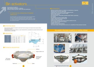 14
Bin activators
PALAMATIC PROCESS EXAMPLES OF INSTALLATIONS
15
to facilitate the EXTRACTION of powders
under silos
The vibrating bottom is an extraction device which, through controlled vibration,
ensures a continuous flow of the material inside the silos and hoppers.
It is made of a weld-free manufacturing steel or stainless steel cone, a flange
seal integrated above and below, suspension brackets connected to the silo and
one or two electric vibrators.
One or two electric vibrators are mounted on both sides of the main structure and vibrate the entire bottom, without
vibrating the silo above it.
During extraction, the bin activator performs a circular movement which is transmitted to the material inside the silo and
therefore provides an uniform flow.
Size in mm. ØA B C H Motors Kg
Ø 400 114 380 427 330 1 59
Ø 750 219 730 609 456 1 99
Ø 1 500 323 1 480 1 120 774 1 475
Ø 1 800 323 1 780 1 194 924 2 726
Ø 2 100 406 2 080 1 420 1 033 2 881
C
B
Ø A
H
i DIMENSIONs
www.palamaticprocess.com/powder-machine/bin-activator
Downloadable videos  plans on our website
i operating mode
i TECHNIcal description
Flow rates from 5 to 320 m³/h.
Range: diameters from 400 mm. to 3 000 mm.
Mild steel, stainless steel 304L, stainless steel 316L manufacturing
Deflector
Flange to weld on silo
Vibrating motor
with variable
intensitySilent blocks
for suspension
Outlet cone Gasket
Binsactivators
AVAILABLE
CUSTOM
MADE
i ADVANTAGES
• Mechanical extraction without air or vibration: no contamination or compaction
• Mounting under the silo with a single flange
• Independent work of the load with complete emptying of the silo
• Reduced energy consumption, low power installed
• Tight and silent operation
• Easy implementation: rotating flange, adjustable length, flexible or rigid dosing
• Fast assembly
• Easy adaptation of recovery or transfer module
• Compact, reduced ground clearance of the silo
• Compact and robust construction
• Dosing accuracy regardless of the amount of powder contained in the silo
• 70% less welds than traditional bin activators
• Available in ATEX zone 22
• Seamless cone with increased thickness
• Seals range including a FDA approved food version and a compatibility with high temperature materials
 