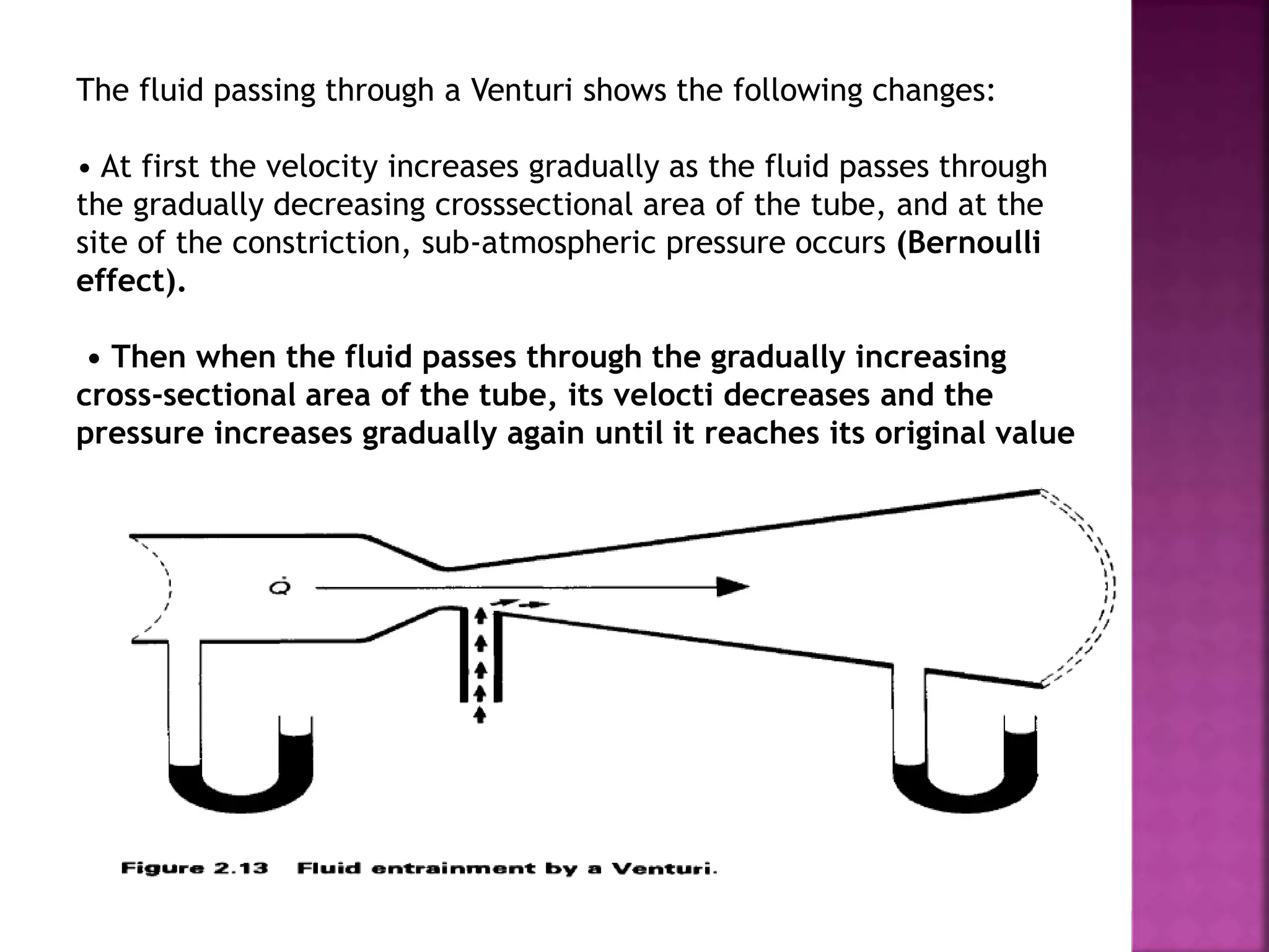 The fluid passing through a Venturi shows the following changes:
• At first the velocity increases gradually as the fluid passes through
the gradually decreasing crosssectional area of the tube, and at the
site of the constriction, sub-atmospheric pressure occurs (Bernoulli
effect).
• Then when the fluid passes through the gradually increasing
cross-sectional area of the tube, its velocti decreases and the
pressure increases gradually again until it reaches its original value
 