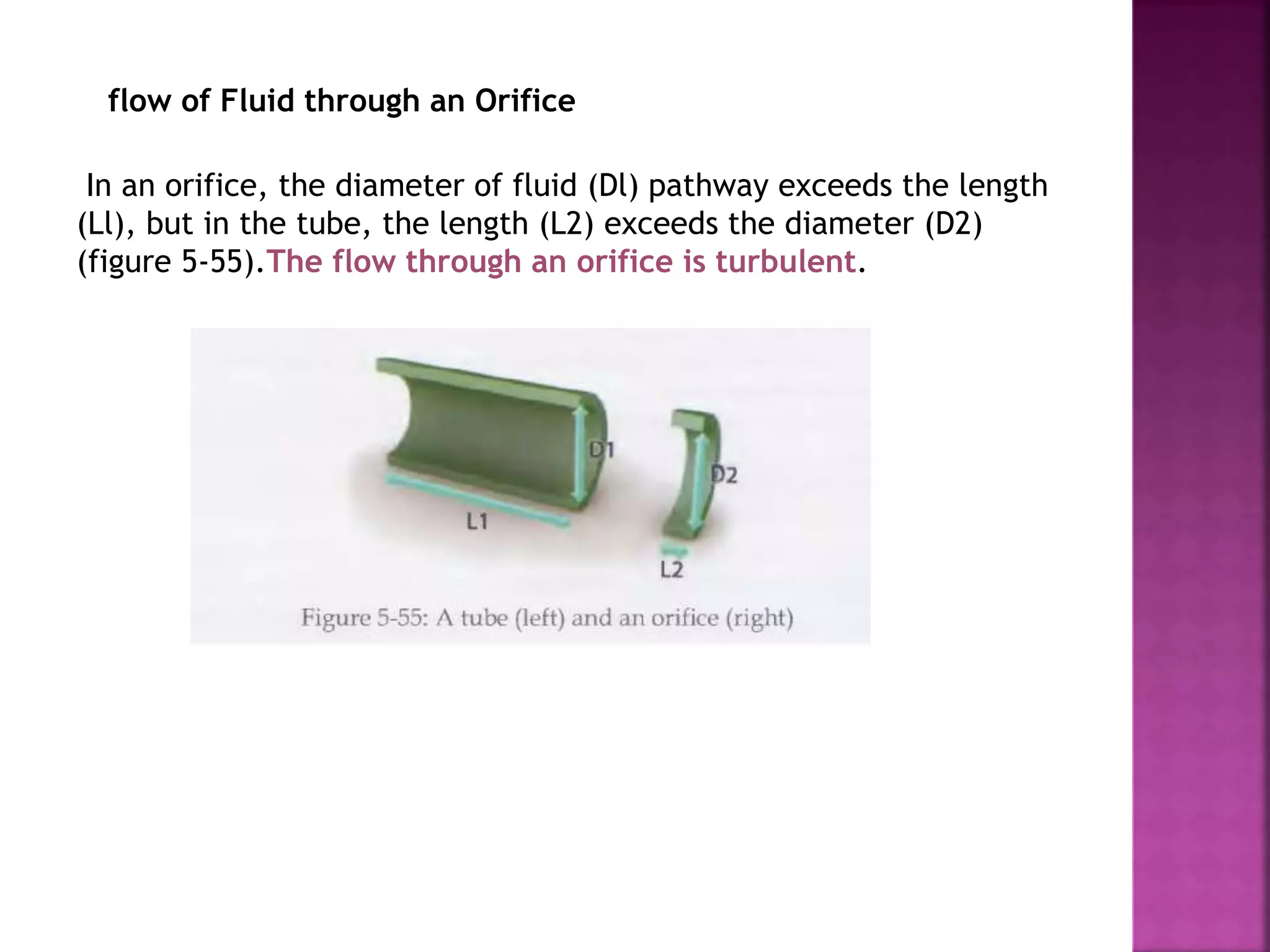flow of Fluid through an Orifice
In an orifice, the diameter of fluid (Dl) pathway exceeds the length
(Ll), but in the tube, the length (L2) exceeds the diameter (D2)
(figure 5-55).The flow through an orifice is turbulent.
 