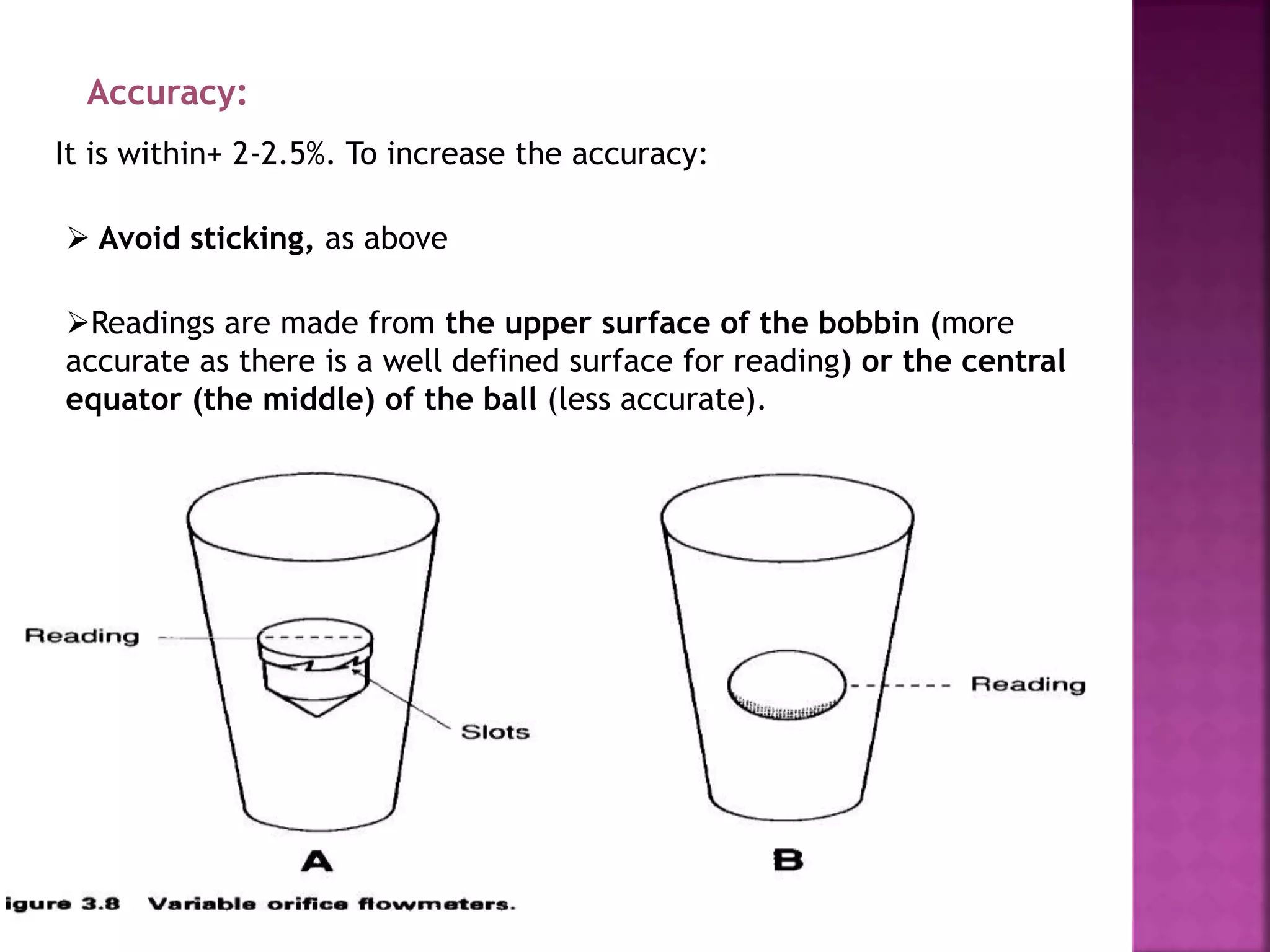 It is within+ 2-2.5%. To increase the accuracy:
Accuracy:
 Avoid sticking, as above
Readings are made from the upper surface of the bobbin (more
accurate as there is a well defined surface for reading) or the central
equator (the middle) of the ball (less accurate).
 