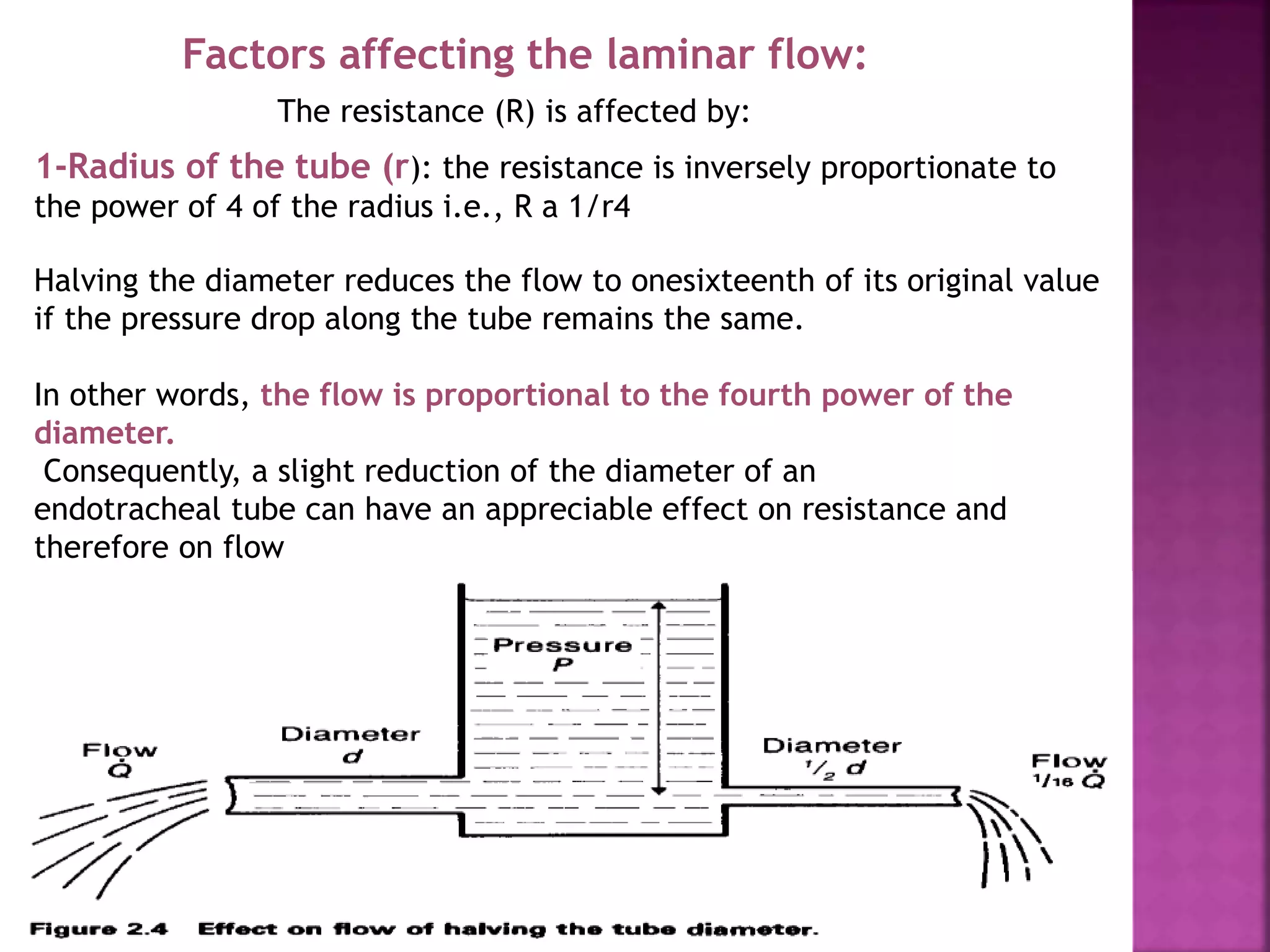 The resistance (R) is affected by:
1-Radius of the tube (r): the resistance is inversely proportionate to
the power of 4 of the radius i.e., R a 1/r4
Halving the diameter reduces the flow to onesixteenth of its original value
if the pressure drop along the tube remains the same.
In other words, the flow is proportional to the fourth power of the
diameter.
Consequently, a slight reduction of the diameter of an
endotracheal tube can have an appreciable effect on resistance and
therefore on flow
Factors affecting the laminar flow:
 