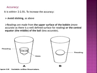 It is within+ 2-2.5%. To increase the accuracy:
Accuracy:
 Avoid sticking, as above
Readings are made from the upper surface of the bobbin (more
accurate as there is a well defined surface for reading) or the central
equator (the middle) of the ball (less accurate).
 