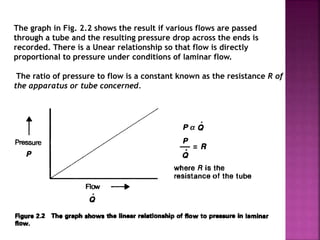 The graph in Fig. 2.2 shows the result if various flows are passed
through a tube and the resulting pressure drop across the ends is
recorded. There is a Unear relationship so that flow is directly
proportional to pressure under conditions of laminar flow.
The ratio of pressure to flow is a constant known as the resistance R of
the apparatus or tube concerned.
 