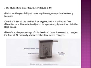 • The Quantiflex mixer flowmeter (figure 6-19)
eliminates the possibility of reducing the oxygen supplinadvertently
because:
-One dial is set to the desired % of oxygen, and it is adjusted first
-Then the total flow rate is adjusted independently by another dial (the
black knob).
-Therefore, the percentage of ~ is fixed and there is no need to readjust
the flow of 02 manually whenever the flow rate is changed.
 