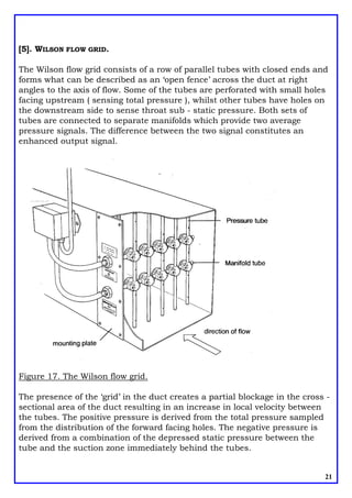 [5]. WILSON FLOW GRID.
The Wilson flow grid consists of a row of parallel tubes with closed ends and
forms what can be described as an ‘open fence’ across the duct at right
angles to the axis of flow. Some of the tubes are perforated with small holes
facing upstream ( sensing total pressure ), whilst other tubes have holes on
the downstream side to sense throat sub - static pressure. Both sets of
tubes are connected to separate manifolds which provide two average
pressure signals. The difference between the two signal constitutes an
enhanced output signal.
Figure 17. The Wilson flow grid.
The presence of the ‘grid’ in the duct creates a partial blockage in the cross -
sectional area of the duct resulting in an increase in local velocity between
the tubes. The positive pressure is derived from the total pressure sampled
from the distribution of the forward facing holes. The negative pressure is
derived from a combination of the depressed static pressure between the
tube and the suction zone immediately behind the tubes.
21
 