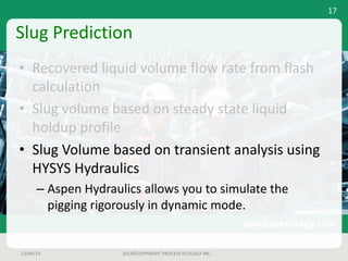 Slug	Prediction
• Recovered	liquid	volume	flow	rate	from	flash	
calculation
• Slug	volume	based	on	steady	state	liquid	
holdup	profile
• Slug	Volume	based	on	transient	analysis	using	
HYSYS	Hydraulics
– Aspen	Hydraulics	allows	you	to	simulate	the	
pigging	rigorously	in	dynamic	mode.
23/04/14 2014©COPYRIGHT	PROCESS	ECOLOGY	INC.
17
 
