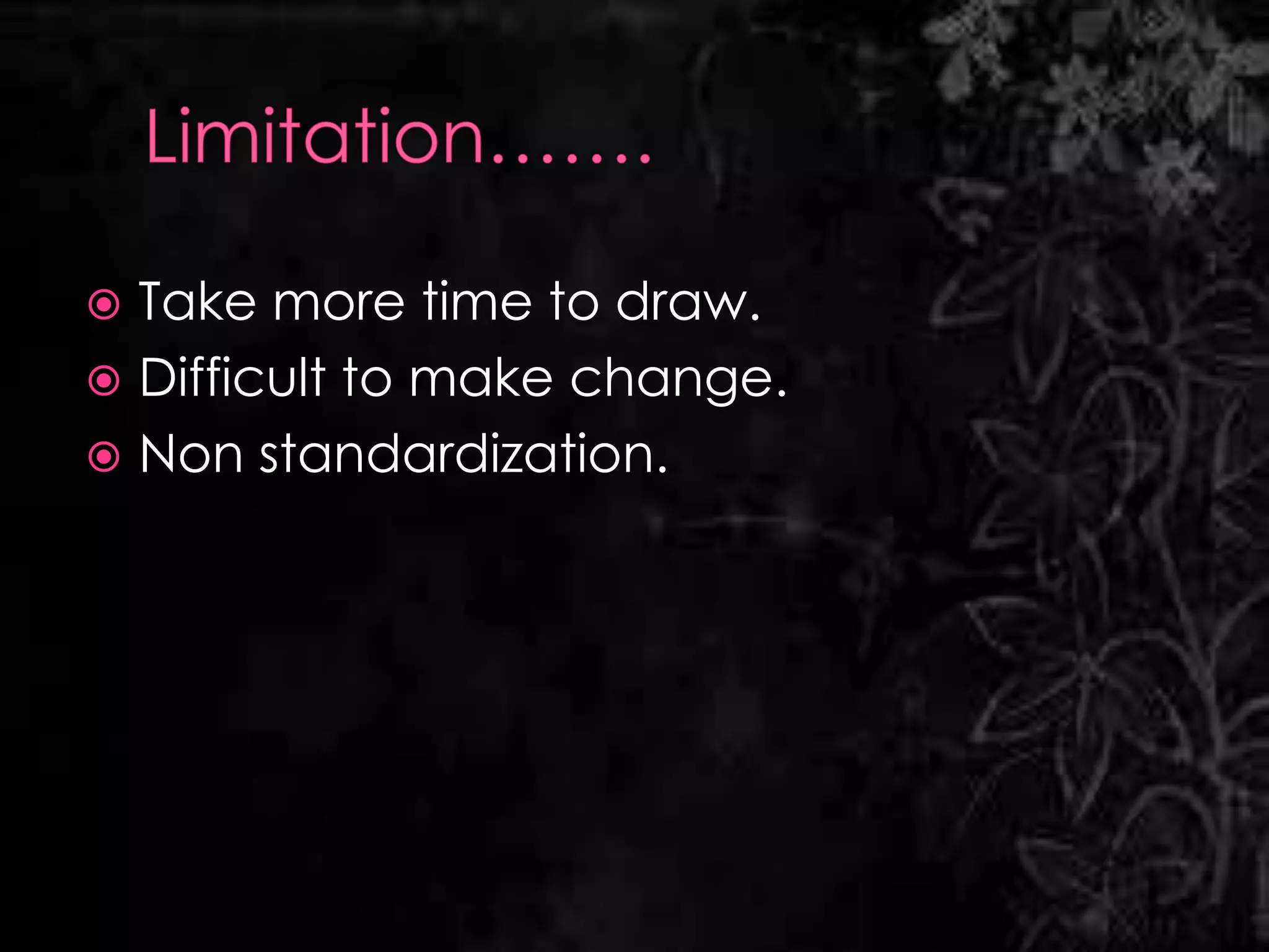  Take more time to draw.
 Difficult to make change.
 Non standardization.
 
