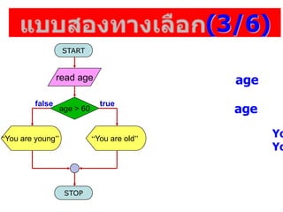 (3/6)
START
STOP
read age
age > 60
You are old
truefalse
You are young
age
Yo
Yo
age
 