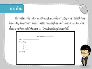 การบ้าน
ให้ นกเรี ยนเขียนผังงาน (Flowchart) เกี่ยวกับปั ญหาอะไรก็ได้ โดย
ั
ต้ องมีสญลักษณ์การตัดสินใจประกอบอยู่ด้วย ลงในกระดาษ A4 พร้ อม
ั
ทังระบายสีตกแต่งให้ สวยงาม โดยเขียนในรูปแบบดังนี ้
้

 