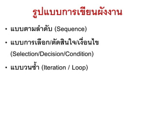 รูปแบบการเขียนผังงาน
• แบบตามลาดับ (Sequence)
• แบบการเลือก/ตัดสินใจ/เงื่อนไข
(Selection/Decision/Condition)
• แบบวนซ้า (Iteration / Loop)
 