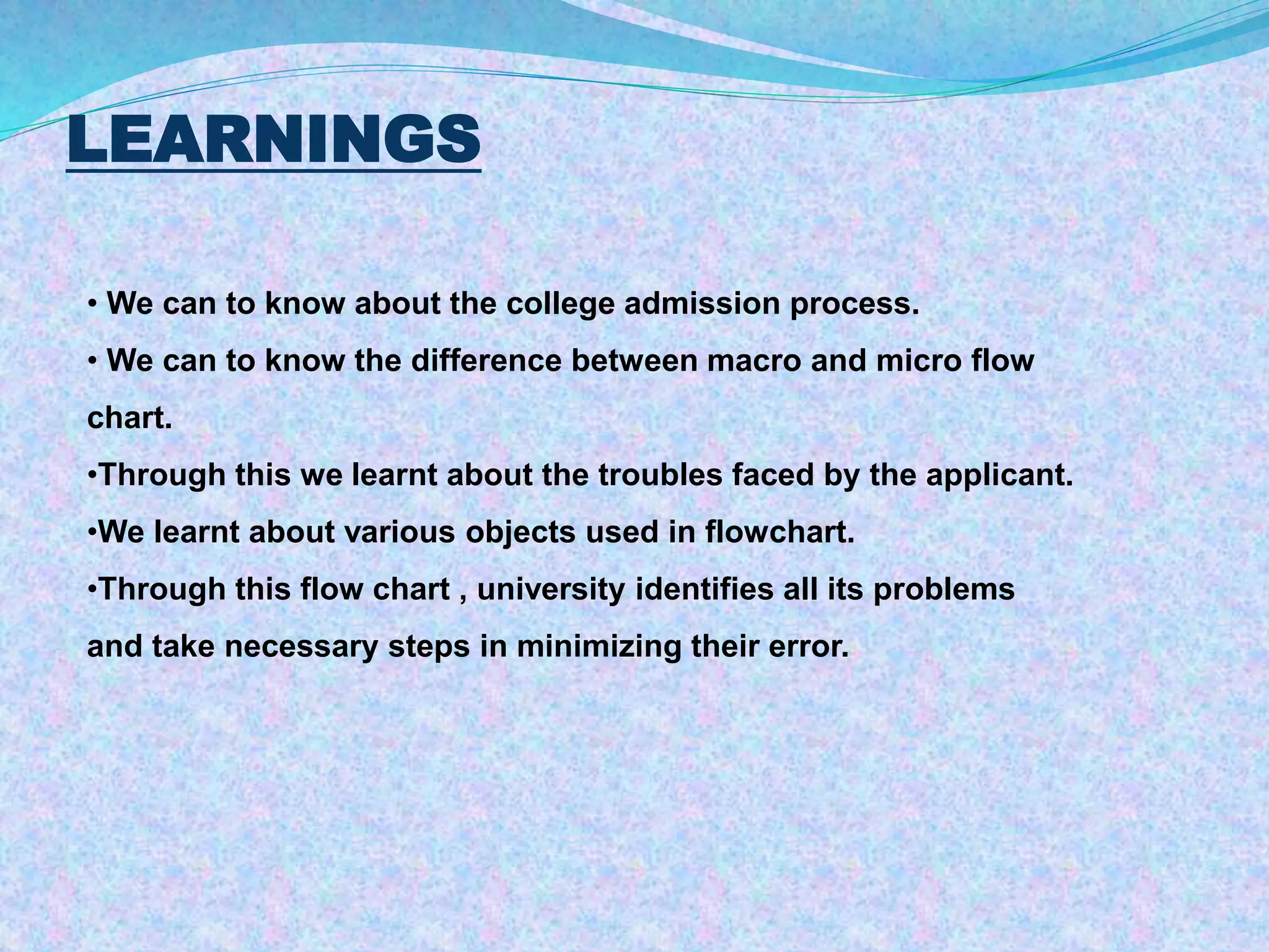 LEARNINGS 
• We can to know about the college admission process. 
• We can to know the difference between macro and micro flow 
chart. 
•Through this we learnt about the troubles faced by the applicant. 
•We learnt about various objects used in flowchart. 
•Through this flow chart , university identifies all its problems 
and take necessary steps in minimizing their error. 
 