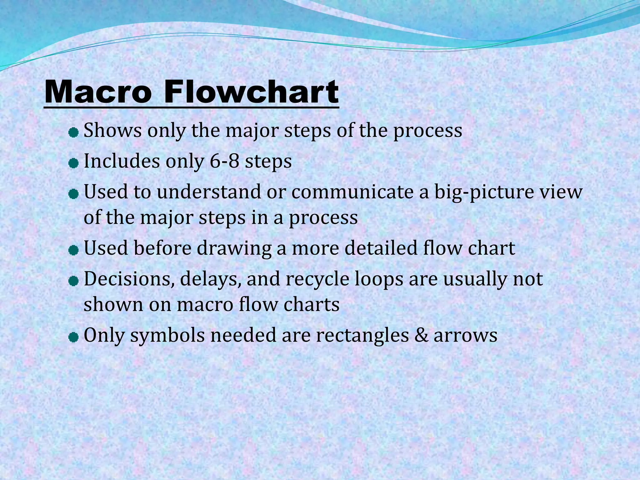 Macro Flowchart 
Shows only the major steps of the process 
Includes only 6-8 steps 
Used to understand or communicate a big-picture view 
of the major steps in a process 
Used before drawing a more detailed flow chart 
Decisions, delays, and recycle loops are usually not 
shown on macro flow charts 
Only symbols needed are rectangles & arrows 
 