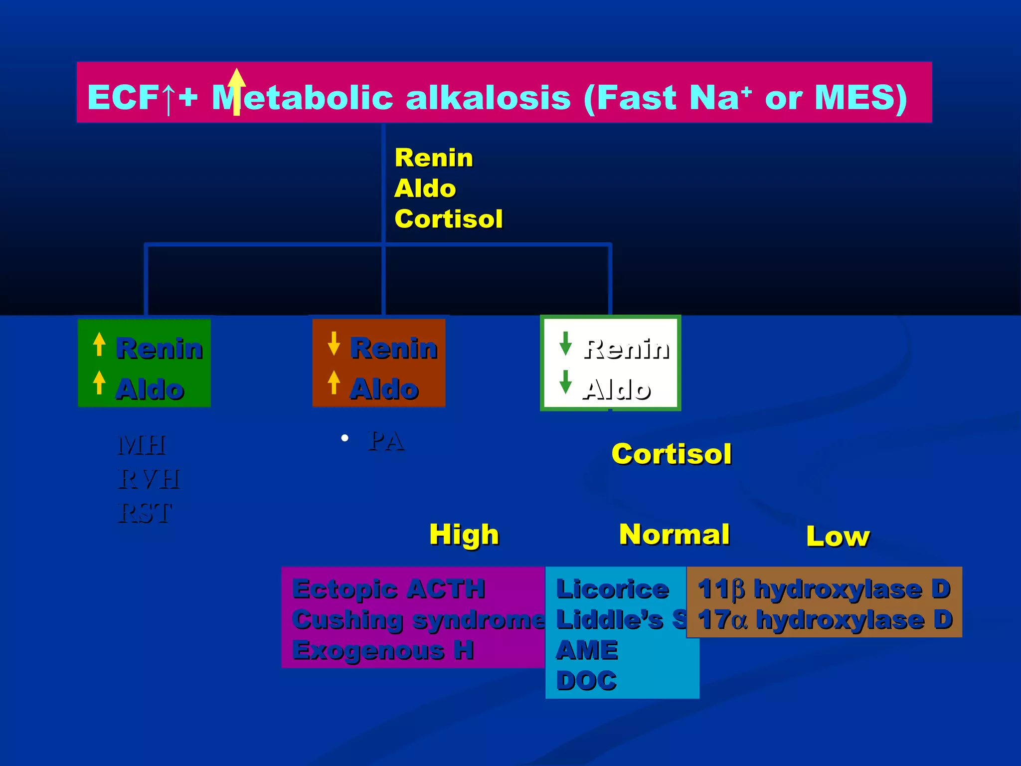ECF↑+ Metabolic alkalosis (Fast Na+
or MES)
ReninRenin
AldoAldo
CortisolCortisol
ReninRenin
AldoAldo
ReninRenin
AldoAldo
ReninRenin
AldoAldo
NormalNormal LowLow
• PAPA
CortisolCortisol• MHMH
• RVHRVH
• RSTRST
Ectopic ACTHEctopic ACTH
Cushing syndromeCushing syndrome
Exogenous HExogenous H
LicoriceLicorice
Liddle’s SLiddle’s S
AMEAME
DOCDOC
1111ββ hydroxylase Dhydroxylase D
1717αα hydroxylase Dhydroxylase D
HighHigh
 