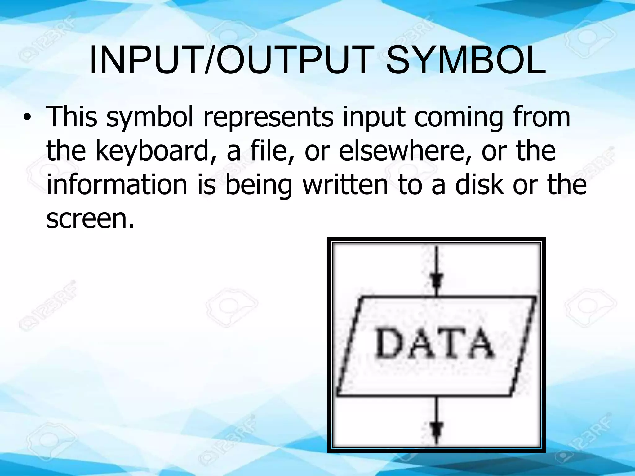 INPUT/OUTPUT SYMBOL
• This symbol represents input coming from
the keyboard, a file, or elsewhere, or the
information is being written to a disk or the
screen.
 