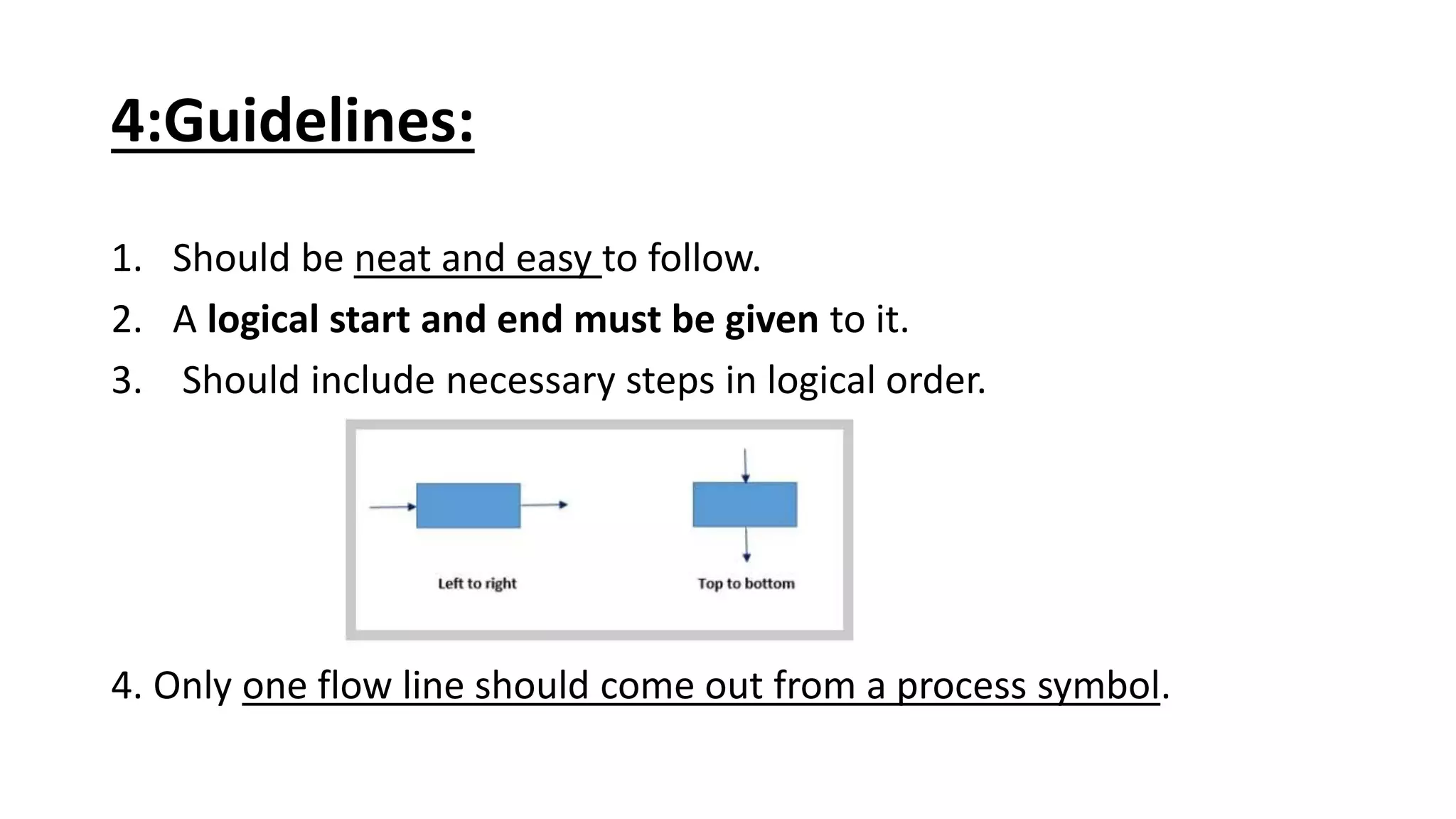 4:Guidelines:
1. Should be neat and easy to follow.
2. A logical start and end must be given to it.
3. Should include necessary steps in logical order.
4. Only one flow line should come out from a process symbol.
 