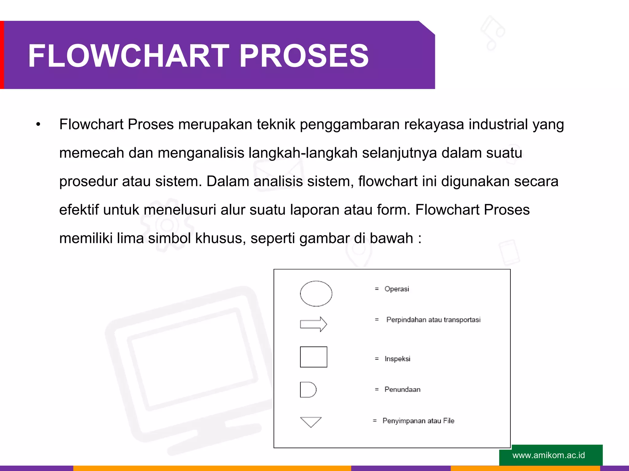 www.amikom.ac.id
FLOWCHART PROSES
• Flowchart Proses merupakan teknik penggambaran rekayasa industrial yang
memecah dan menganalisis langkah-langkah selanjutnya dalam suatu
prosedur atau sistem. Dalam analisis sistem, flowchart ini digunakan secara
efektif untuk menelusuri alur suatu laporan atau form. Flowchart Proses
memiliki lima simbol khusus, seperti gambar di bawah :
 