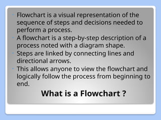 What is a Flowchart ?
• Flowchart is a visual representation of the
sequence of steps and decisions needed to
perform a process.
• A flowchart is a step-by-step description of a
process noted with a diagram shape.
• Steps are linked by connecting lines and
directional arrows.
• This allows anyone to view the flowchart and
logically follow the process from beginning to
end.
 
