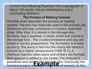 Example
 Convert the following flowchart into a paragraph of
about 150 words. Use an introductory and a
concluding sentence.
The Process of Making Cement
The flow chart describes the process of making
cement. The two raw materials used in the process are
limestone and clay. Limestone is crushed, sized and
dried. After that, it is stored in the storage silos.
Similarly, clay is washed, crushed ,dried and stored in
the storage bins . The crushed limestone and clay are
mixed in correct proportions. The formation is known
as slurry. The slurry is fed into the rotary kiln where it
is burnt at a higher temperature (1000 C). A

chemical reaction takes place and clinkers are formed.
Now gypsum is added to the clinker. The mixture is
powdered and sent to the storage silos. Eventually the
finished product is ready in the form of cement. In this
 
