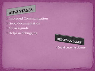 Improved Communication
Good documentation
Act as a guide
Helps in debugging
•Could become clumsy
 