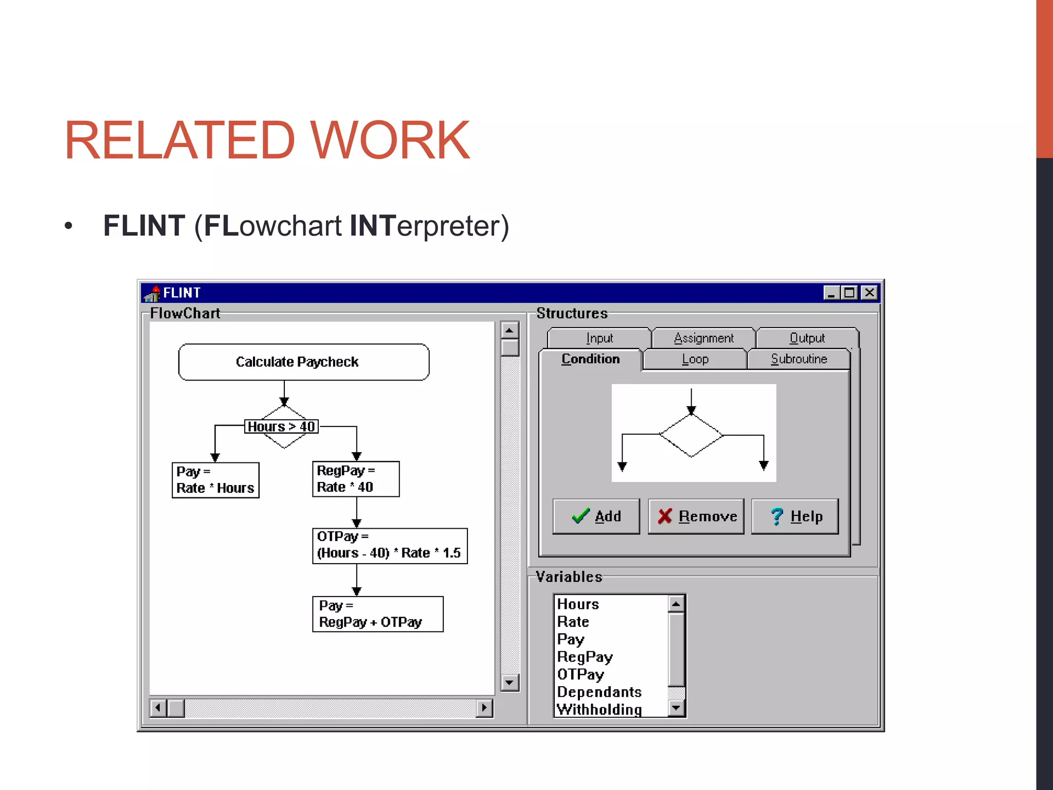 RELATED WORK
• FLINT (FLowchart INTerpreter)
 
