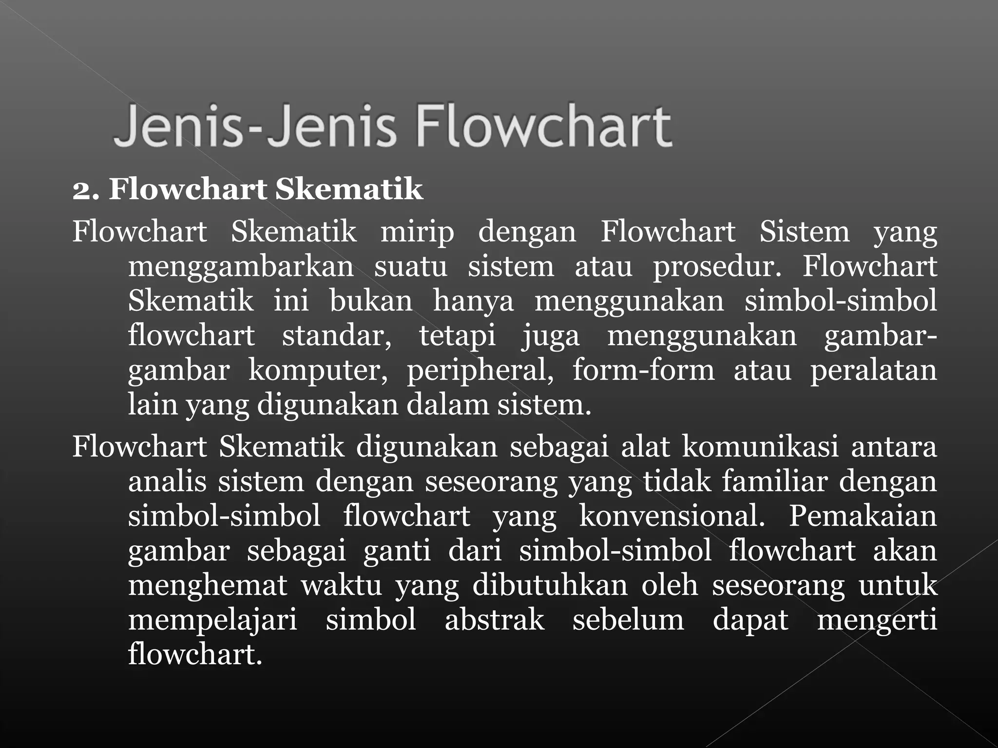 2. Flowchart Skematik
Flowchart Skematik mirip dengan Flowchart Sistem yang
menggambarkan suatu sistem atau prosedur. Flowchart
Skematik ini bukan hanya menggunakan simbol-simbol
flowchart standar, tetapi juga menggunakan gambar-
gambar komputer, peripheral, form-form atau peralatan
lain yang digunakan dalam sistem.
Flowchart Skematik digunakan sebagai alat komunikasi antara
analis sistem dengan seseorang yang tidak familiar dengan
simbol-simbol flowchart yang konvensional. Pemakaian
gambar sebagai ganti dari simbol-simbol flowchart akan
menghemat waktu yang dibutuhkan oleh seseorang untuk
mempelajari simbol abstrak sebelum dapat mengerti
flowchart.
 