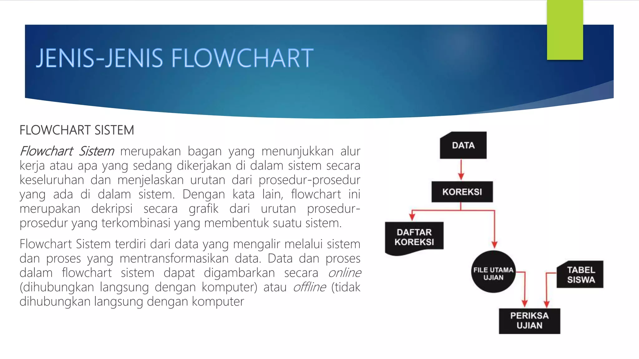FLOWCHART SISTEM
Flowchart Sistem merupakan bagan yang menunjukkan alur
kerja atau apa yang sedang dikerjakan di dalam sistem secara
keseluruhan dan menjelaskan urutan dari prosedur-prosedur
yang ada di dalam sistem. Dengan kata lain, flowchart ini
merupakan dekripsi secara grafik dari urutan prosedur-
prosedur yang terkombinasi yang membentuk suatu sistem.
Flowchart Sistem terdiri dari data yang mengalir melalui sistem
dan proses yang mentransformasikan data. Data dan proses
dalam flowchart sistem dapat digambarkan secara online
(dihubungkan langsung dengan komputer) atau offline (tidak
dihubungkan langsung dengan komputer
 