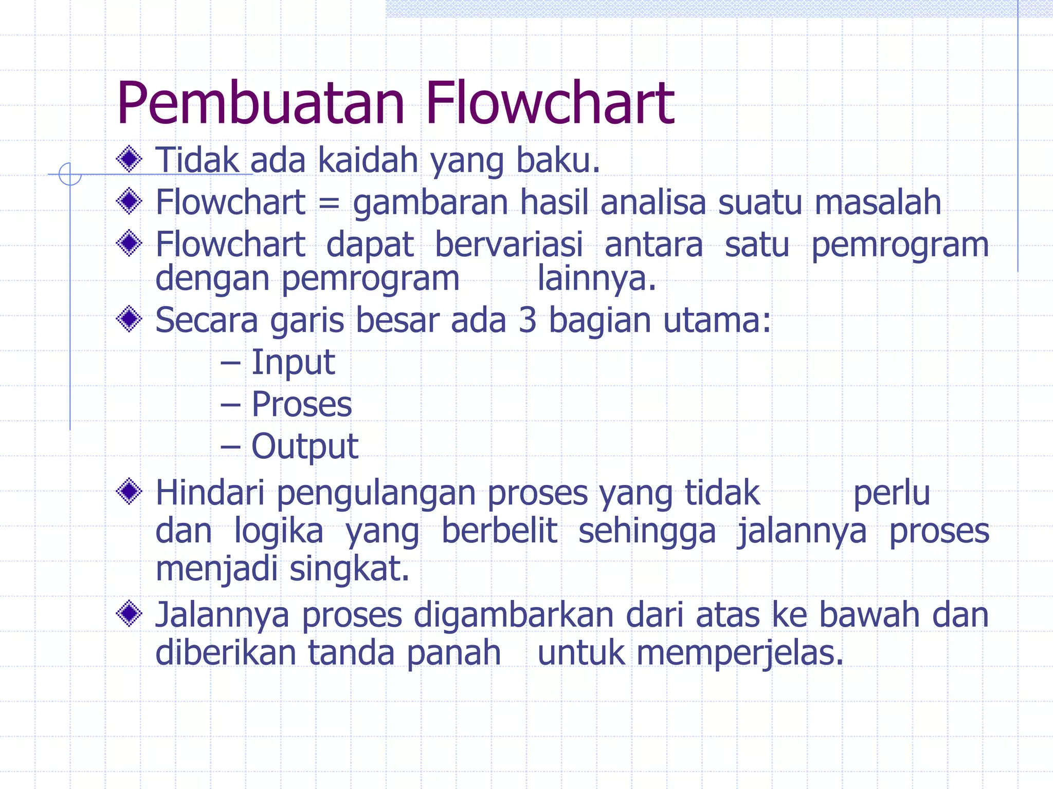 Pembuatan Flowchart
Tidak ada kaidah yang baku.
Flowchart = gambaran hasil analisa suatu masalah
Flowchart dapat bervariasi antara satu pemrogram
dengan pemrogram lainnya.
Secara garis besar ada 3 bagian utama:
– Input
– Proses
– Output
Hindari pengulangan proses yang tidak perlu
dan logika yang berbelit sehingga jalannya proses
menjadi singkat.
Jalannya proses digambarkan dari atas ke bawah dan
diberikan tanda panah untuk memperjelas.
 