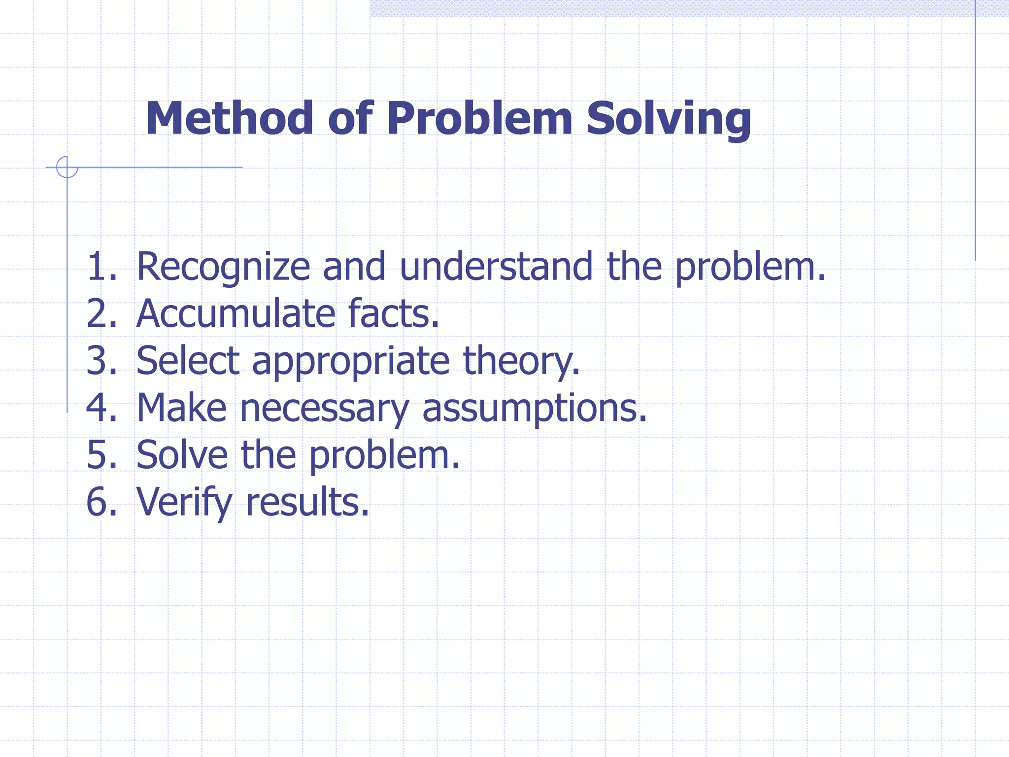 Method of Problem Solving
1. Recognize and understand the problem.
2. Accumulate facts.
3. Select appropriate theory.
4. Make necessary assumptions.
5. Solve the problem.
6. Verify results.
 
