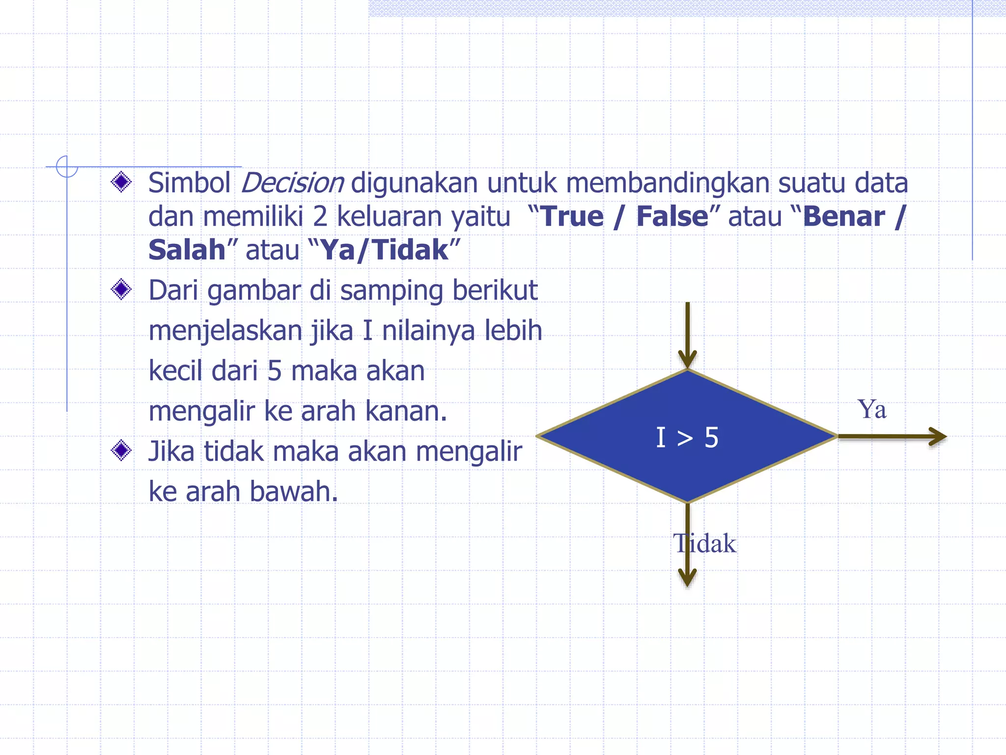 Simbol Decision digunakan untuk membandingkan suatu data
dan memiliki 2 keluaran yaitu “True / False” atau “Benar /
Salah” atau “Ya/Tidak”
Dari gambar di samping berikut
menjelaskan jika I nilainya lebih
kecil dari 5 maka akan
mengalir ke arah kanan.
Jika tidak maka akan mengalir
ke arah bawah.
I > 5
Ya
Tidak
 