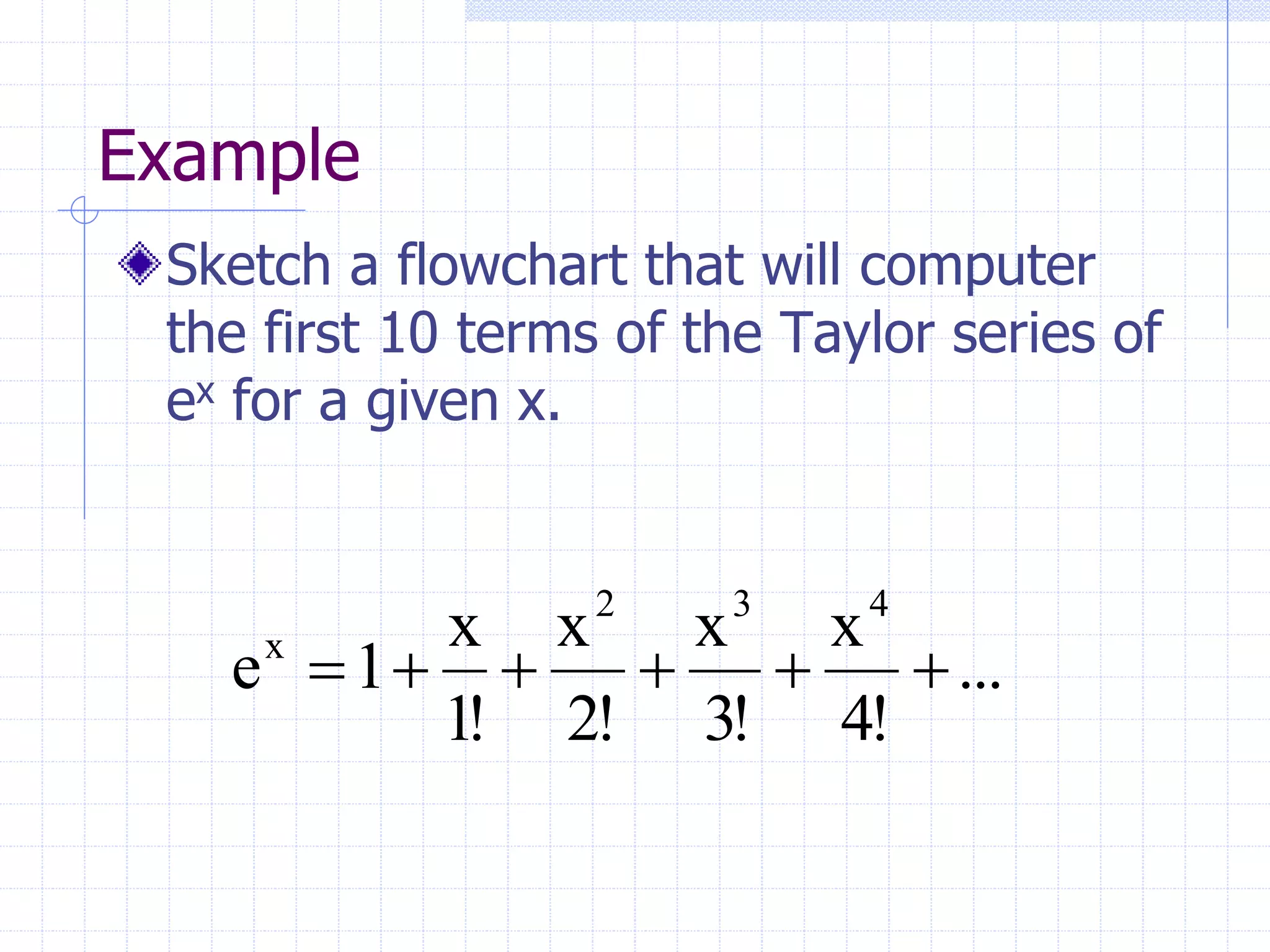 Example
Sketch a flowchart that will computer
the first 10 terms of the Taylor series of
ex for a given x.
...
!4
x
!3
x
!2
x
!1
x
1e
432
x

 