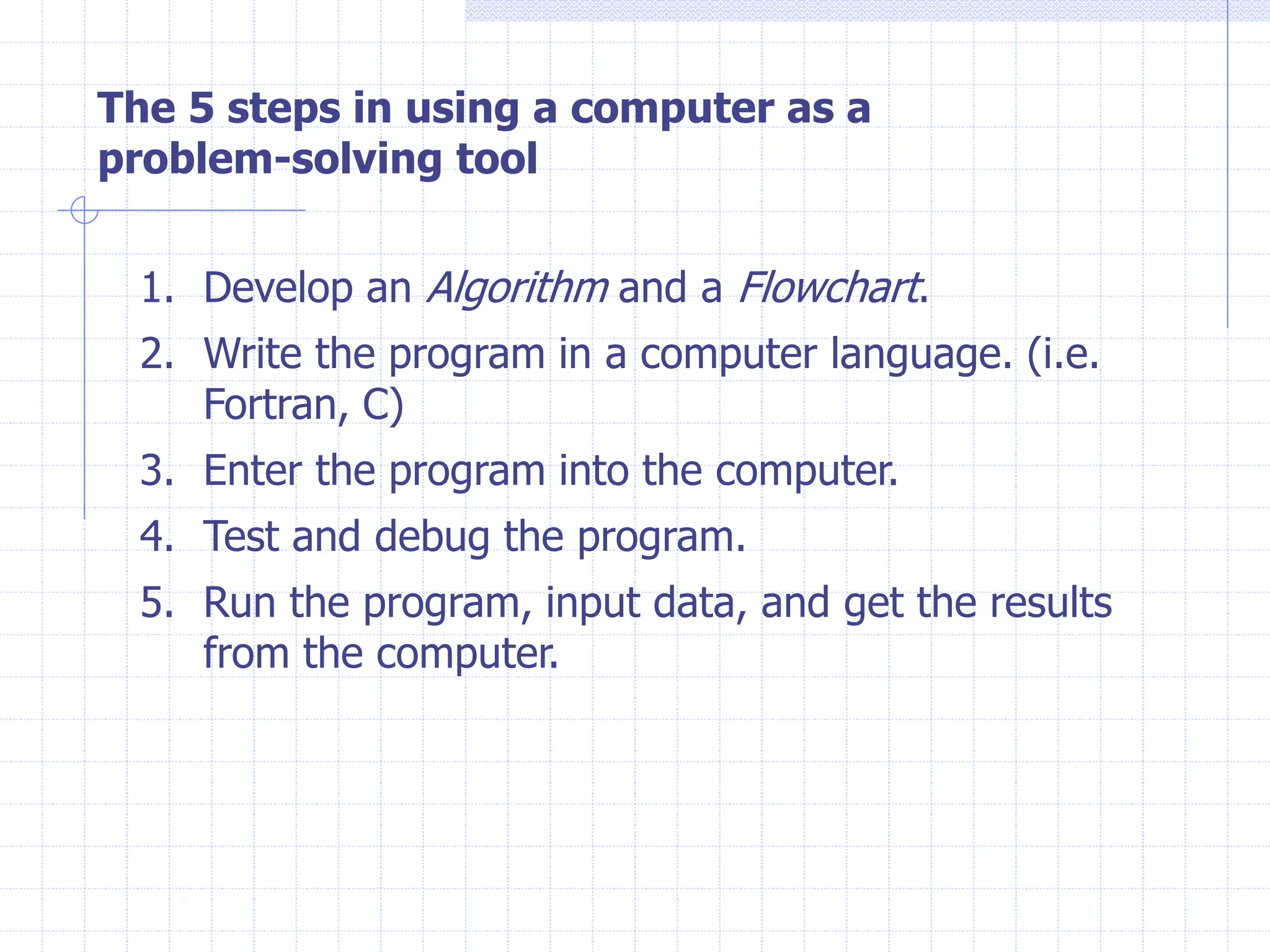 The 5 steps in using a computer as a
problem-solving tool
1. Develop an Algorithm and a Flowchart.
2. Write the program in a computer language. (i.e.
Fortran, C)
3. Enter the program into the computer.
4. Test and debug the program.
5. Run the program, input data, and get the results
from the computer.
 