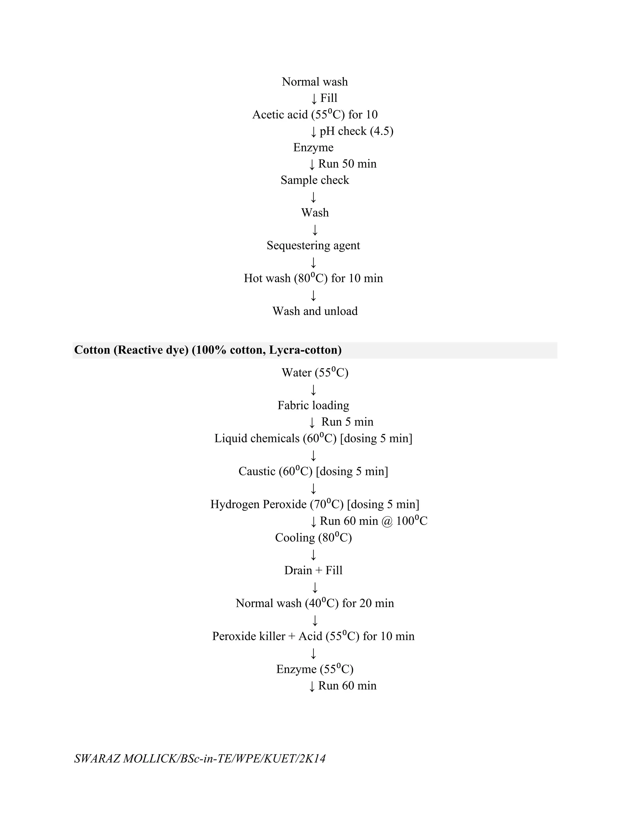 SWARAZ MOLLICK/BSc-in-TE/WPE/KUET/2K14
Normal wash
↓ Fill
Acetic acid (55⁰C) for 10
↓ pH check (4.5)
Enzyme
↓ Run 50 min
Sample check
↓
Wash
↓
Sequestering agent
↓
Hot wash (80⁰C) for 10 min
↓
Wash and unload
Cotton (Reactive dye) (100% cotton, Lycra-cotton)
Water (55⁰C)
↓
Fabric loading
↓ Run 5 min
Liquid chemicals (60⁰C) [dosing 5 min]
↓
Caustic (60⁰C) [dosing 5 min]
↓
Hydrogen Peroxide (70⁰C) [dosing 5 min]
↓ Run 60 min @ 100⁰C
Cooling (80⁰C)
↓
Drain + Fill
↓
Normal wash (40⁰C) for 20 min
↓
Peroxide killer + Acid (55⁰C) for 10 min
↓
Enzyme (55⁰C)
↓ Run 60 min
 