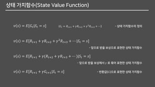 상태 가치함수(State Value Function)
𝑣 𝑠 = 𝐸[𝐺𝑡|𝑆𝑡 = 𝑠]
𝑣 𝑠 = 𝐸[𝑅𝑡+1 + 𝛾𝑅𝑡+2 + 𝛾2
𝑅𝑡+3 + ⋯ |𝑆𝑡 = 𝑠]
- 상태 가치함수의 정의
𝑣 𝑠 = 𝐸[𝑅𝑡+1 + 𝛾(𝑅𝑡+2 + 𝛾𝑅𝑡+3 + ⋯ )|𝑆𝑡 = 𝑠]
- 앞으로 받을 보상으로 표현한 상태 가치함수
(𝐺𝑡 = 𝑅𝑡+1 + 𝛾𝑅𝑡+2 + 𝛾2
𝑅𝑡+3 + ⋯)
- 앞으로 받을 보상에서 𝛾 로 묶어 표현한 상태 가치함수
𝑣 𝑠 = 𝐸[𝑅𝑡+1 + 𝛾𝐺𝑡+1|𝑆𝑡 = 𝑠] - 반환값(𝐺)으로 표현한 상태 가치함수
 
