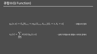 큐함수(Q Function)
𝑣 𝜋 𝑠 = ෍
𝑎∈𝐴
𝜋(𝑎|𝑠)𝑞 𝜋(𝑠, 𝑎)
𝑞 𝜋(𝑠, 𝑎) = 𝐸 𝜋[𝑅𝑡+1 + 𝛾𝑞 𝜋(𝑆𝑡+1, 𝐴 𝑡+1)|𝑆𝑡 = 𝑠, 𝐴 𝑡 = 𝑎] - 큐함수의 정의
- 상태 가치함수와 큐함수 사이의 관계식
 