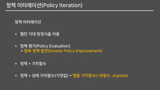 정책 이터레이션(Policy Iteration)
정책 이터레이션
= 벨만 기대 방정식을 이용
= 정책 + 가치함수
= 정책 + 상태 가치함수(기댓값) + 행동 가치함수(=큐함수, argmax)
= 정책 평가(Policy Evaluation)
+ 탐욕 정책 발전(Greedy Policy Improvement)
 