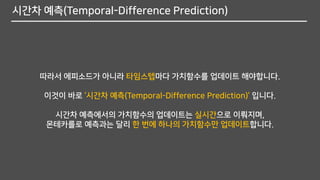 시간차 예측(Temporal-Difference Prediction)
따라서 에피소드가 아니라 타임스텝마다 가치함수를 업데이트 해야합니다.
이것이 바로 ‘시간차 예측(Temporal-Difference Prediction)’ 입니다.
시간차 예측에서의 가치함수의 업데이트는 실시간으로 이뤄지며,
몬테카를로 예측과는 달리 한 번에 하나의 가치함수만 업데이트합니다.
 