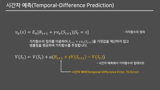시간차 예측(Temporal-Difference Prediction)
𝑣 𝜋 𝑠 = 𝐸 𝜋[𝑅𝑡+1 + 𝛾𝑣 𝜋(𝑆𝑡+1)|𝑆𝑡 = 𝑠] - 가치함수의 정의
𝑉(𝑆𝑡) ← 𝑉(𝑆𝑡) + 𝑎(𝑅𝑡+1 + 𝛾𝑉(𝑆𝑡+1) − 𝑉(𝑆𝑡))
- 시간차 예측에서 가치함수의 업데이트
시간차 에러(Temporal-Difference Error, TD Error)
가치함수의 정의를 이용하여 𝑅𝑡+1 + 𝛾𝑣 𝜋(𝑆𝑡+1)을 기댓값을 계산하지 않고
샘플링을 평균하여 가치함수를 추정합니다.
 