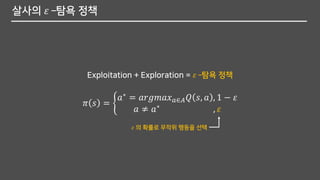 살사의 𝜀 –탐욕 정책
Exploitation + Exploration = 𝜀 –탐욕 정책
𝜋 𝑠 = ቊ
𝑎∗ = 𝑎𝑟𝑔𝑚𝑎𝑥 𝑎∈𝐴 𝑄 𝑠, 𝑎 , 1 − 𝜀
𝑎 ≠ 𝑎∗ , 𝜀
𝜀 의 확률로 무작위 행동을 선택
 