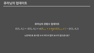 큐러닝의 업데이트
노란색으로 표시한 수식 어디서 많이 보시지 않으셨나요?
𝑄(𝑆𝑡, 𝐴 𝑡) ← 𝑄(𝑆𝑡, 𝐴 𝑡) + 𝑎(𝑅𝑡+1 + 𝛾 max
𝑎`
𝑄(𝑆𝑡+1, 𝑎`) − 𝑄(𝑆𝑡, 𝐴 𝑡))
큐러닝의 큐함수 업데이트
 