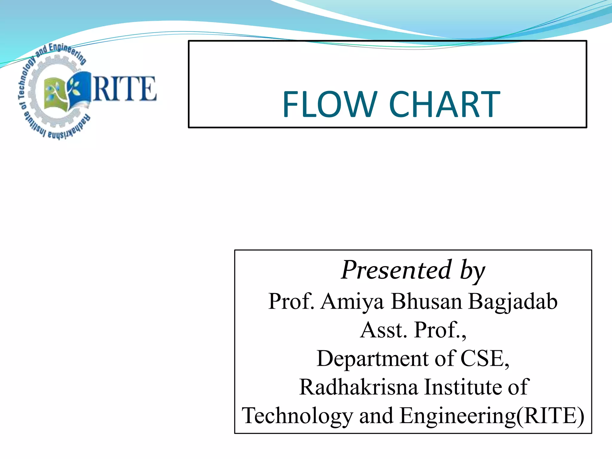 FLOW CHART
Presented by
Prof. Amiya Bhusan Bagjadab
Asst. Prof.,
Department of CSE,
Radhakrisna Institute of
Technology and Engineering(RITE)
 
