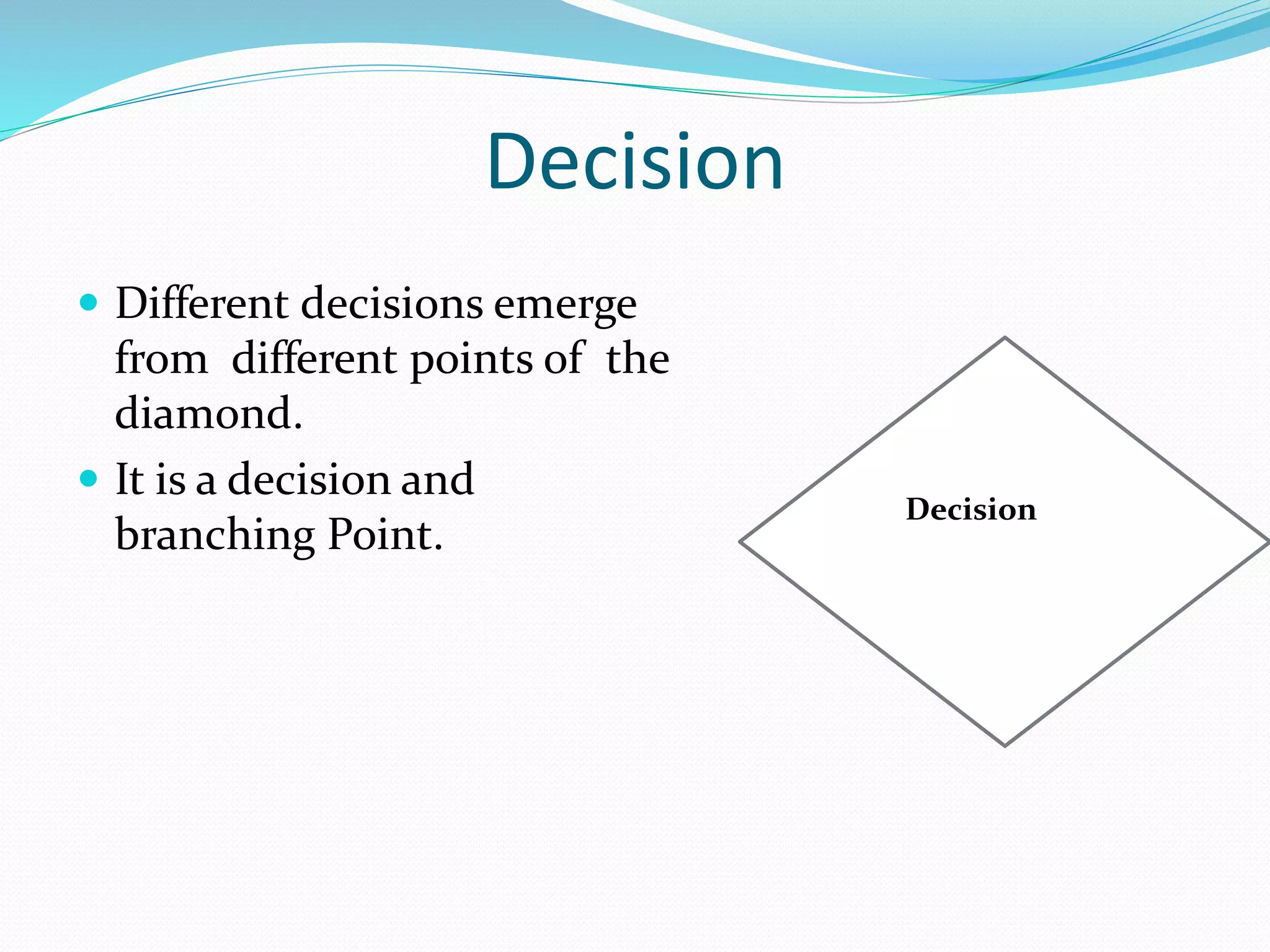 Decision
 Different decisions emerge
from different points of the
diamond.
 It is a decision and
branching Point.
Decision
 