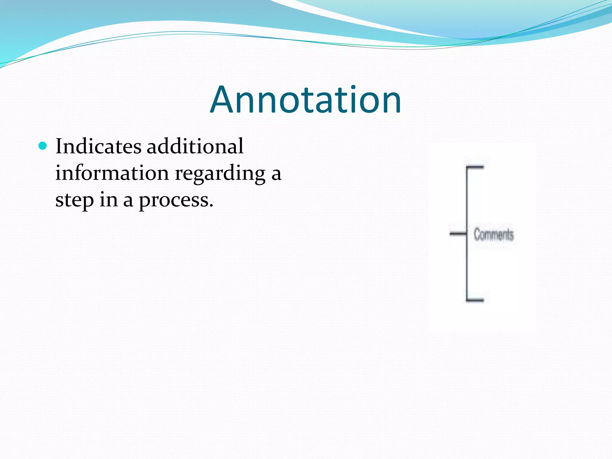 Annotation
 Indicates additional
information regarding a
step in a process.
 