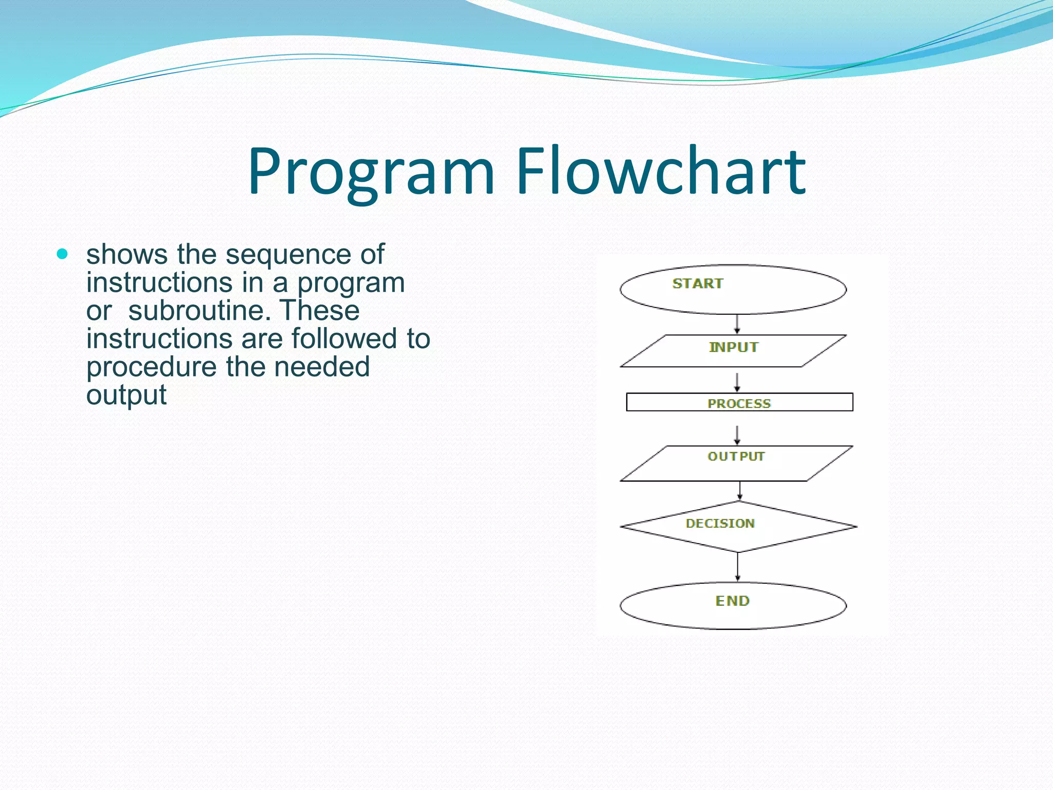 Program Flowchart
 shows the sequence of
instructions in a program
or subroutine. These
instructions are followed to
procedure the needed
output
 