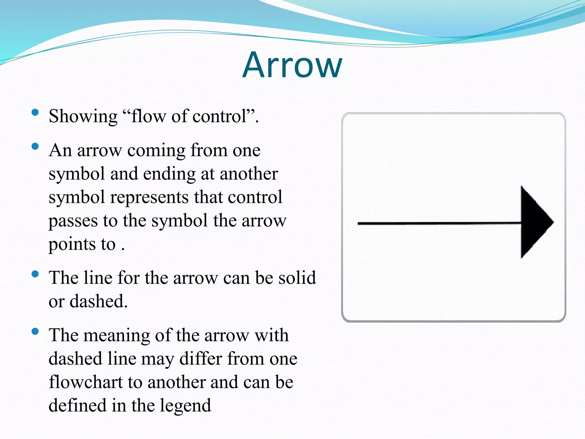Arrow
• Showing “flow of control”.
• An arrow coming from one
symbol and ending at another
symbol represents that control
passes to the symbol the arrow
points to .
• The line for the arrow can be solid
or dashed.
• The meaning of the arrow with
dashed line may differ from one
flowchart to another and can be
defined in the legend
 