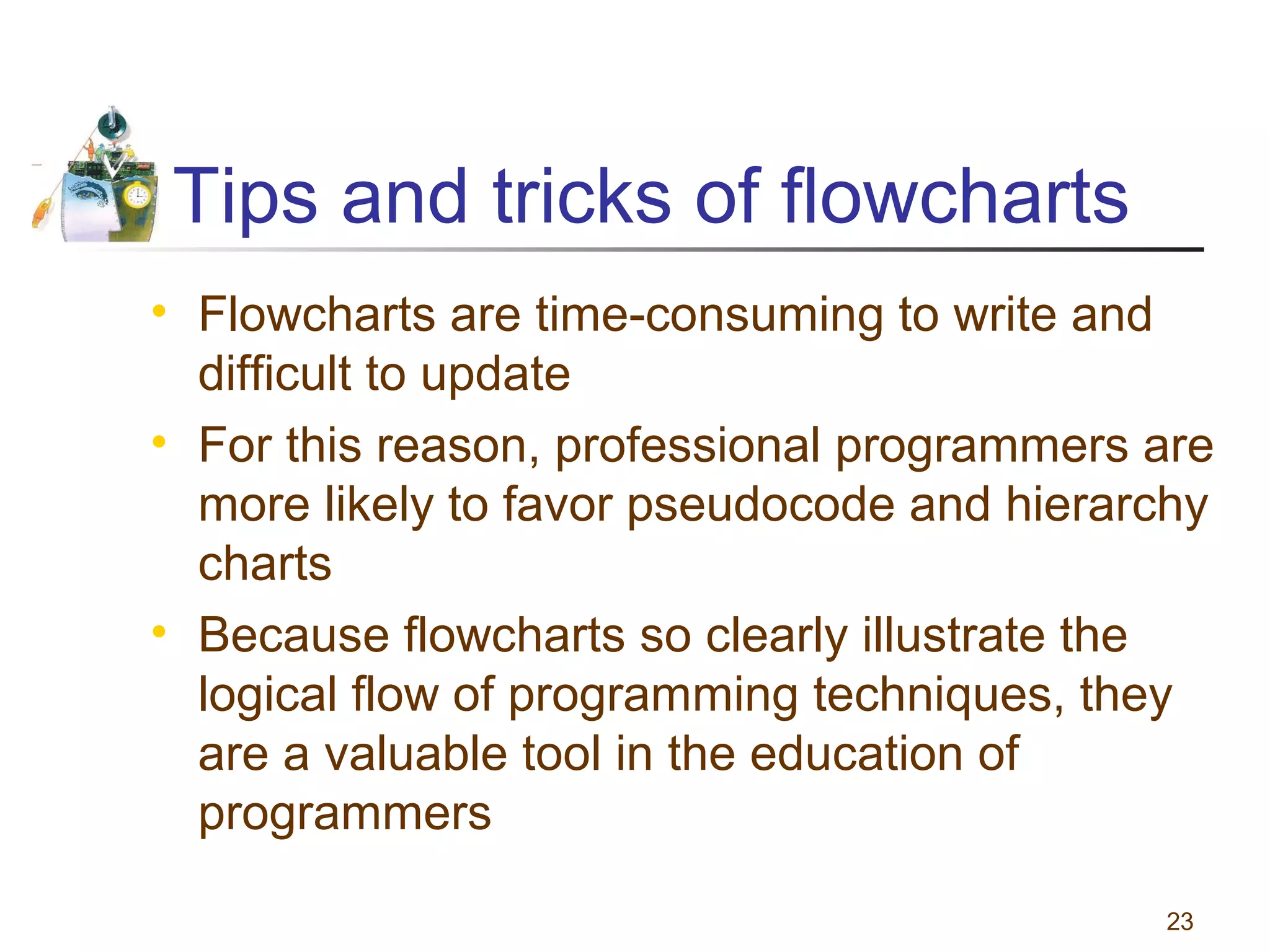 Tips and tricks of flowcharts
• Flowcharts are time-consuming to write and
difficult to update
• For this reason, professional programmers are
more likely to favor pseudocode and hierarchy
charts
• Because flowcharts so clearly illustrate the
logical flow of programming techniques, they
are a valuable tool in the education of
programmers
23

 