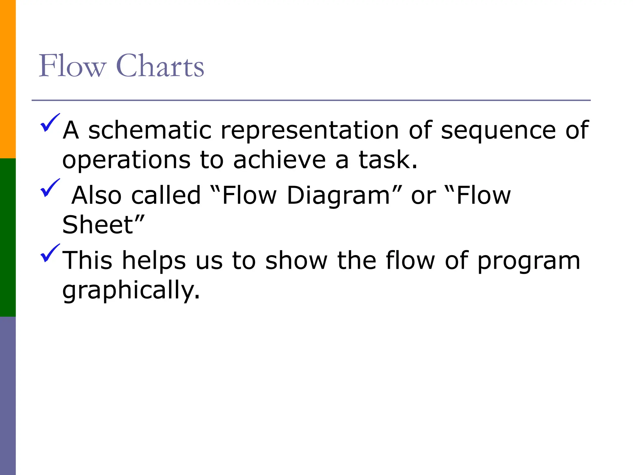 Flow Charts
A schematic representation of sequence of
operations to achieve a task.
 Also called “Flow Diagram” or “Flow
Sheet”
This helps us to show the flow of program
graphically.
 