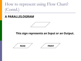 How to represent using Flow Chart?
(Contd.)
A PARALLELOGRAM
This sign represents an Input or an Output.
READ PRINT
 